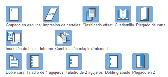 Impresora Bizhub Konica Minolta 554e acabados de impresión. Distribuidor oficial de Konica Minolta en Madrid, Ibérica de Duplicadoras